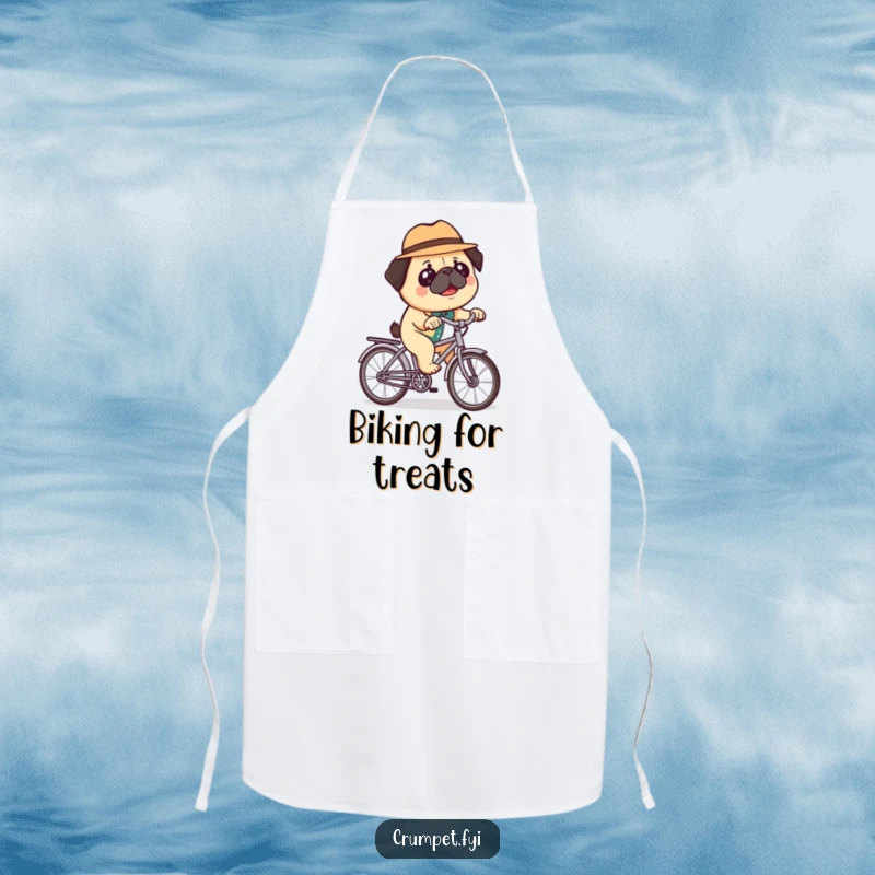 Funny apron showcasing a happy pug in a bowler hat, riding a miniature bicycle, designed for kitchen protection with a side of charming, quirky humor.