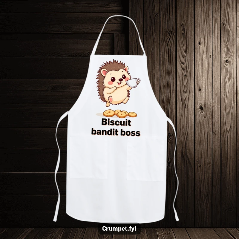 Funny Hedgehog Apron: A cheerful hedgehog leaps with a teacup over biscuits, making it a humorous and practical kitchen accessory.