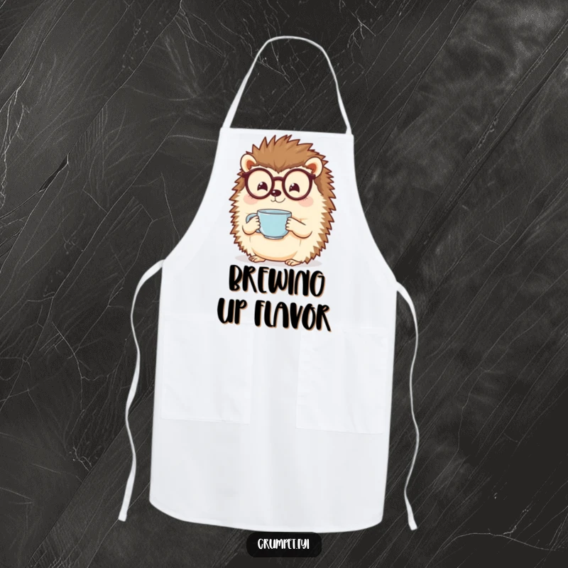 Funny hedgehog with spectacles holding a steaming teacup on a stylish apron. A delightful funny gift.