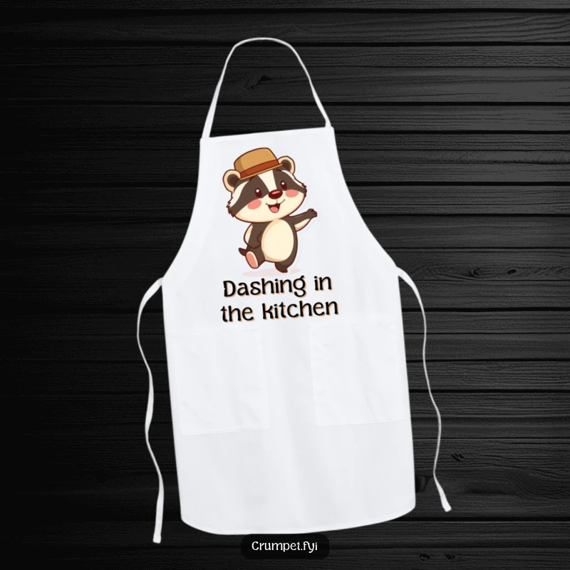 Funny Badger Apron: A smiling badger in a bowler hat taps its foot energetically, making it a humorous and stylish kitchen accessory.