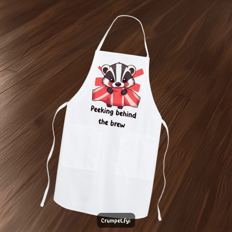 Funny badger apron, kitchen accessory, curious animal peeking from teapot, humorous cooking wear, gift for home cooks.