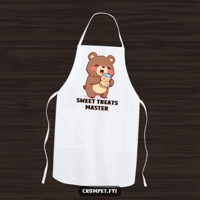 Funny bear apron, kitchen wear, stout character holding sweets jar, enthusiastic baker accessory, gift for cooks.