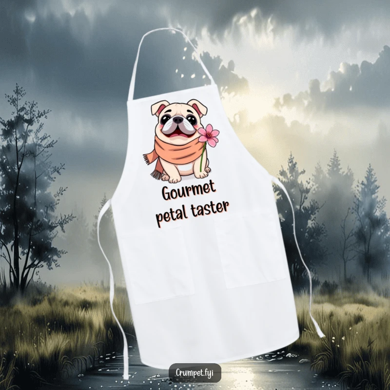 Funny Apron featuring a bulldog in a scarf happily sniffing a flower, designed for kitchen fun and protecting clothes with adorable charm.