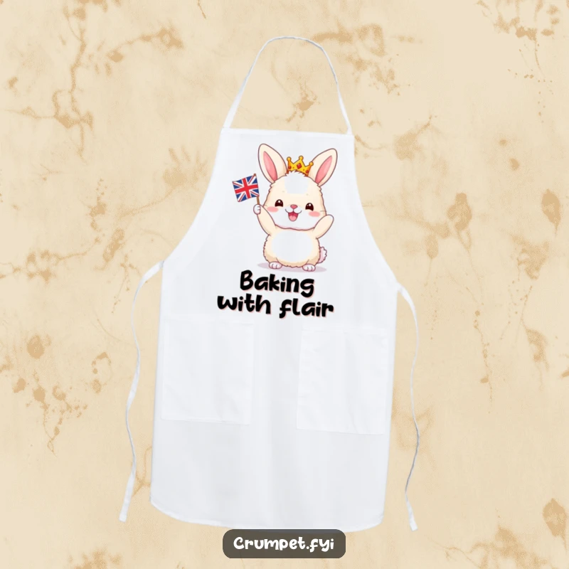 Funny Bunny Apron: A fluffy bunny in a crown joyfully waves a tiny Union Jack, making it a hilarious and practical kitchen accessory.