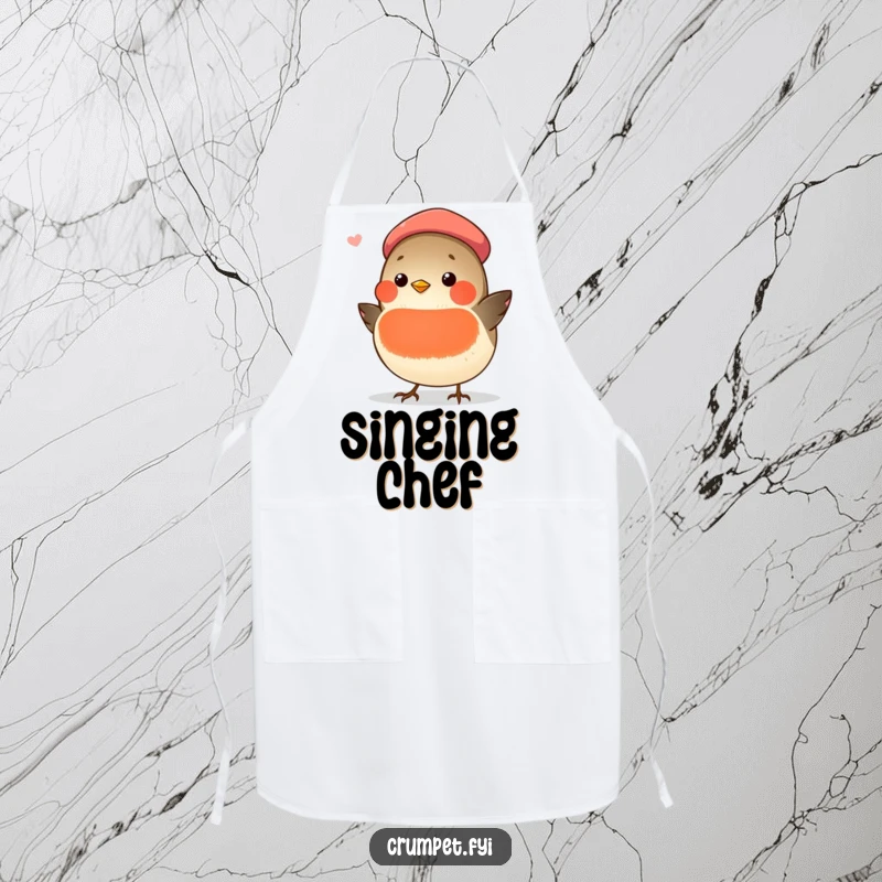 Funny chubby robin wearing a beret, singing while cooking, on a chef's apron, a practical funny present.