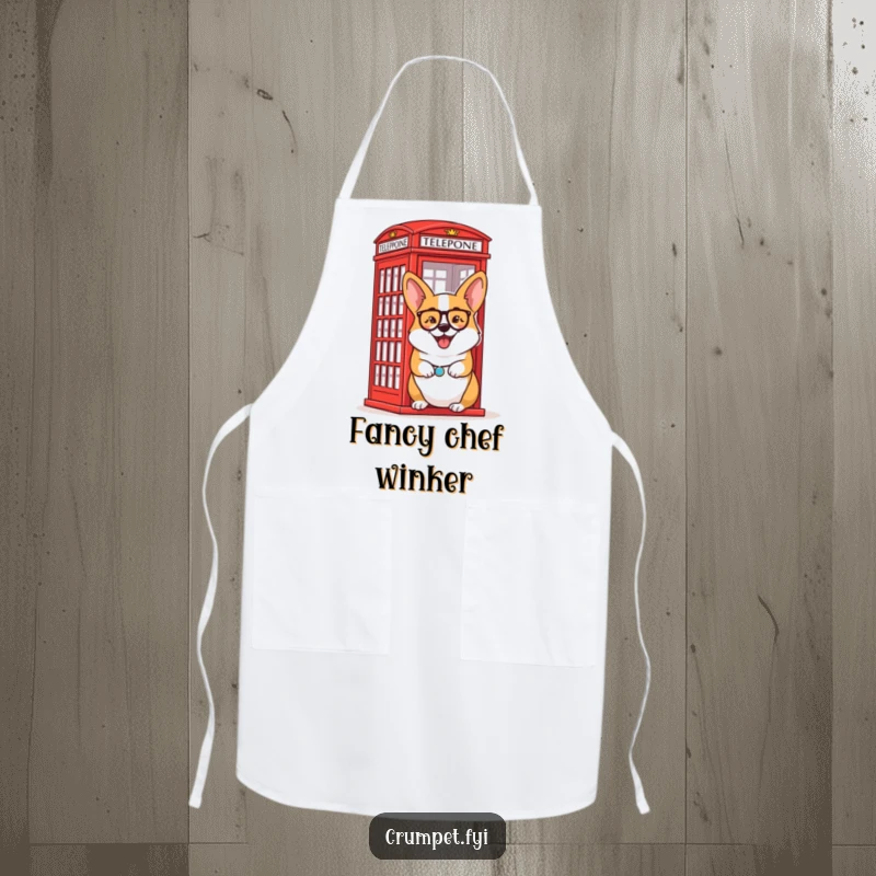 Funny Apron: A delighted corgi wearing a monocle winks beside a red telephone box.