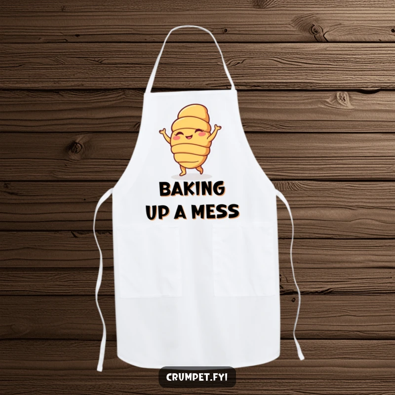 Funny apron with a happy croissant character doing a silly dance, perfect for kitchen fun with baked goods humor, ideal funny gift.