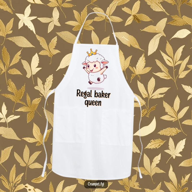 Funny Sheep Apron showing a fluffy sheep wearing a crown, leaping joyfully while cooking, a humorous and functional kitchen accessory.