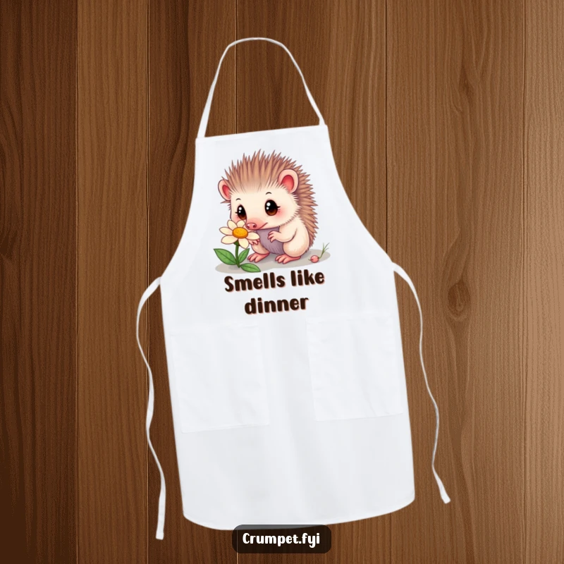 Funny echidna apron showing a curious echidna sniffing a flower, perfect for kitchen antics. A humorous and practical item for chefs.