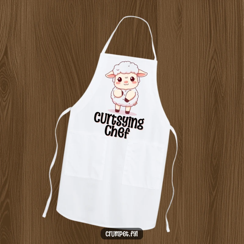 Funny fluffy sheep apron with a polite sheep doing a clumsy curtsy, ideal for cooking and humorous kitchen gift.