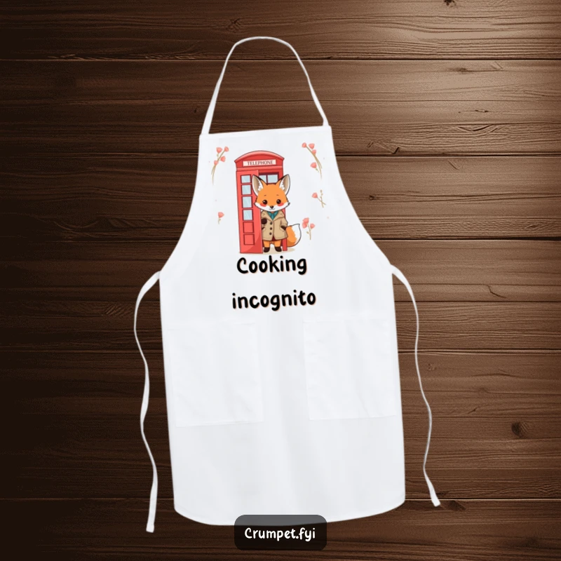 Funny Fox Apron: A cute fox in a tweed jacket peeks from behind a red telephone box, making it a humorous and stylish kitchen accessory.