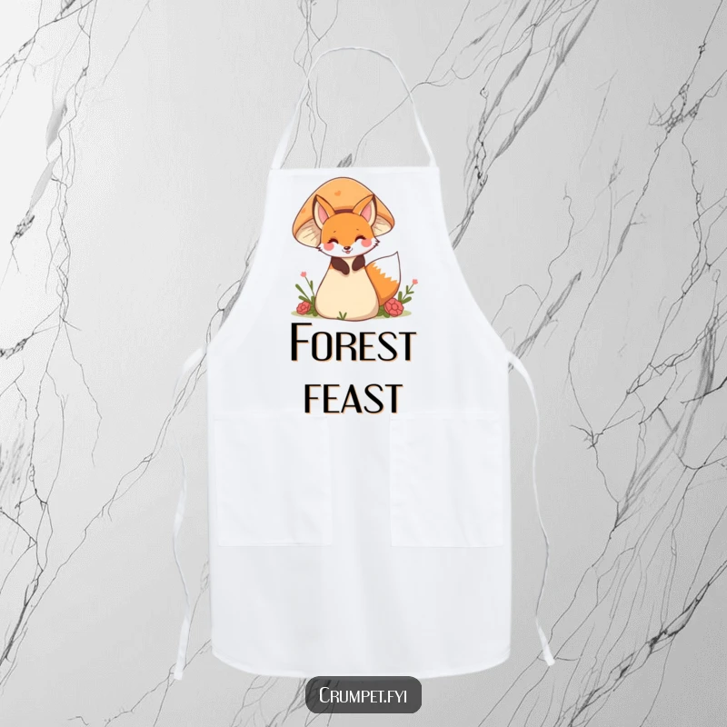 Funny fox apron with a playful fox peeking behind a mushroom, adding a whimsical and humorous touch to kitchen activities.