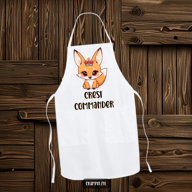 Funny kitchen apron with a curious fox peeking at a miniature royal crest, perfect for adding humor while cooking.