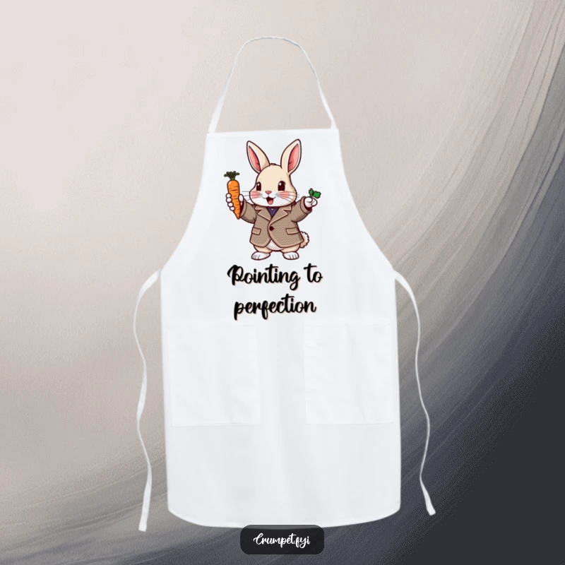 Funny rabbit apron featuring a rabbit in a tweed jacket pointing with a carrot, perfect for cooking and gift.