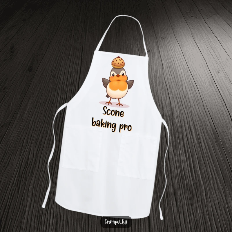 Funny proud robin balancing a scone on its head on a kitchen apron, British bird design.