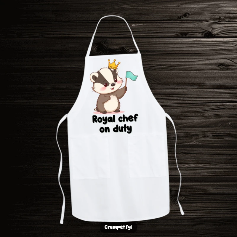Funny Apron showing a cute badger wearing a tiny crown, joyfully waving a small flag, for humorous cooking sessions.