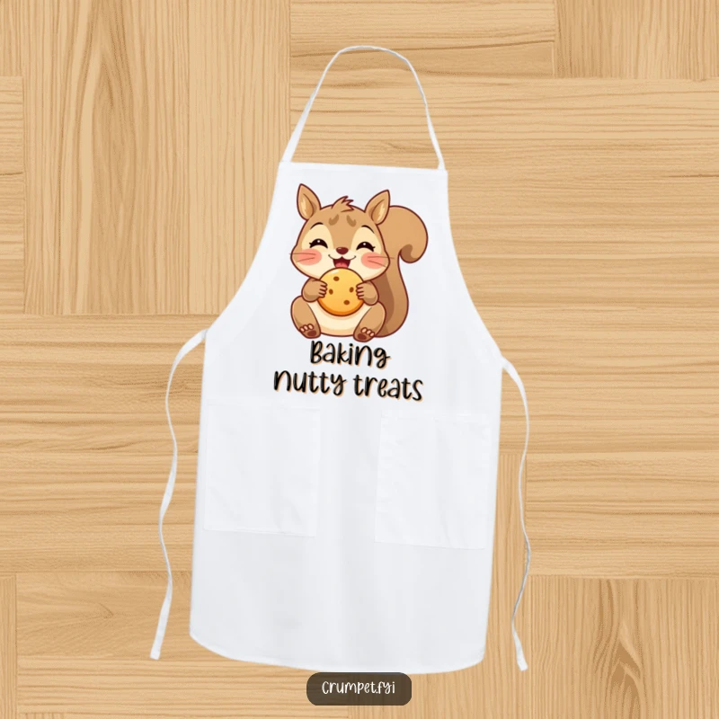 Funny delighted squirrel apron holding a small biscuit, ideal for cheerful and humorous kitchen activities.