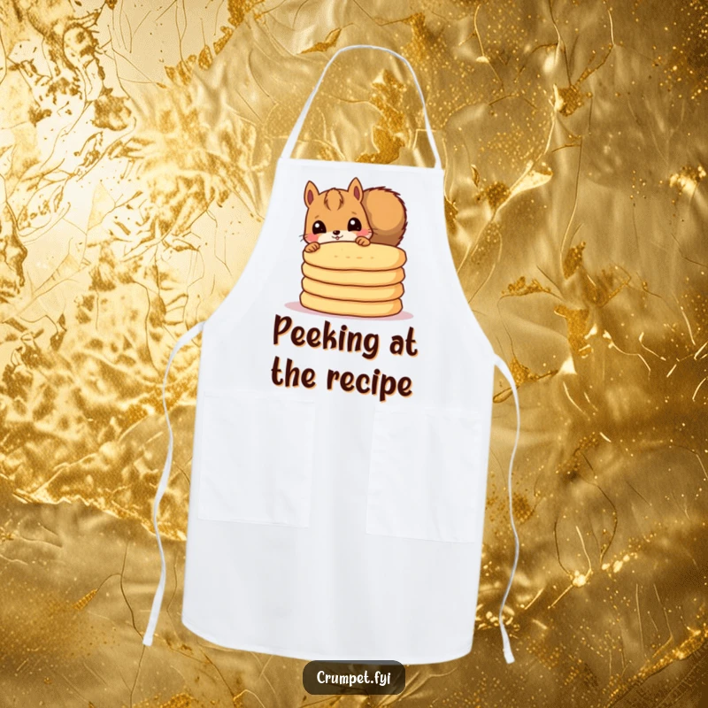 Funny apron featuring a curious squirrel peeking from behind crumpets, perfect for a humorous cooking session.