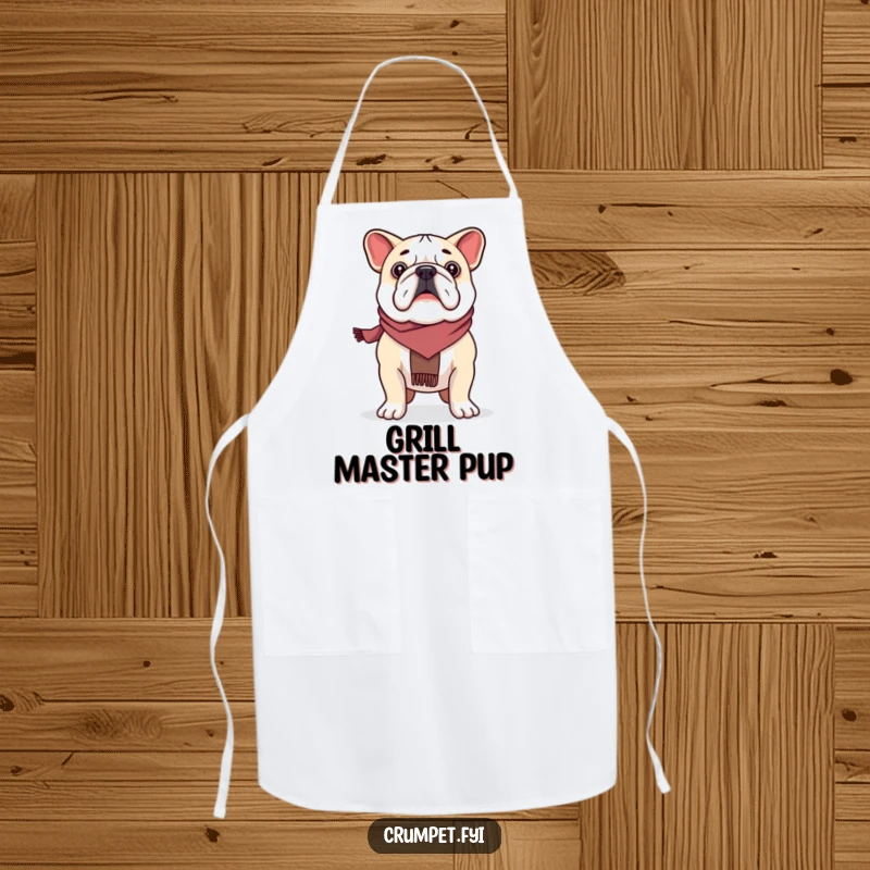 Funny proud bulldog wearing a scarf, standing tall while cooking, on a chef's apron, a practical funny present.