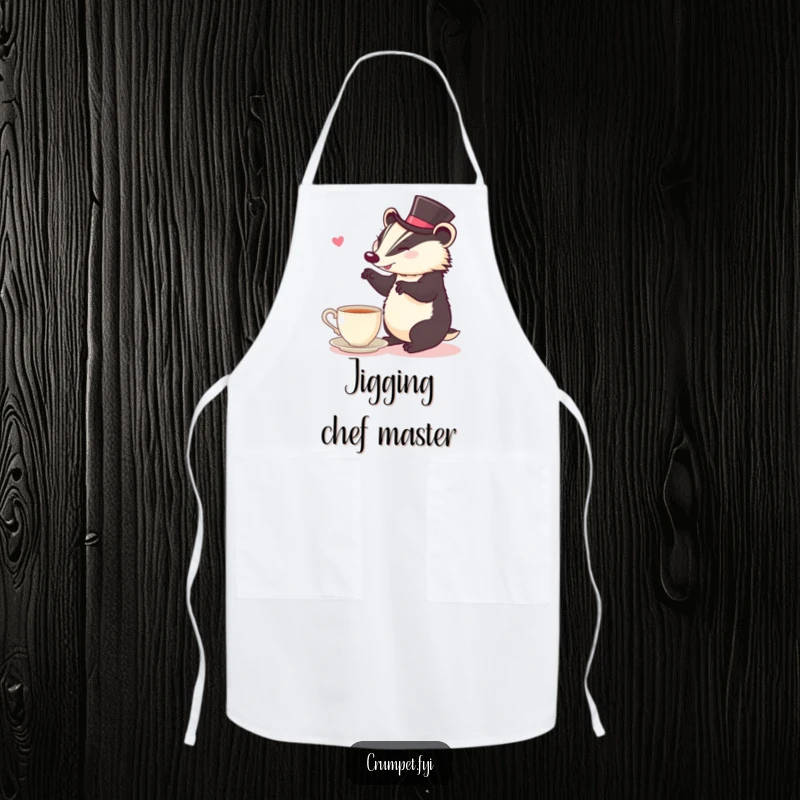 Funny Apron: A cheerful badger wearing a top hat performs a jig near a steaming cup of tea.