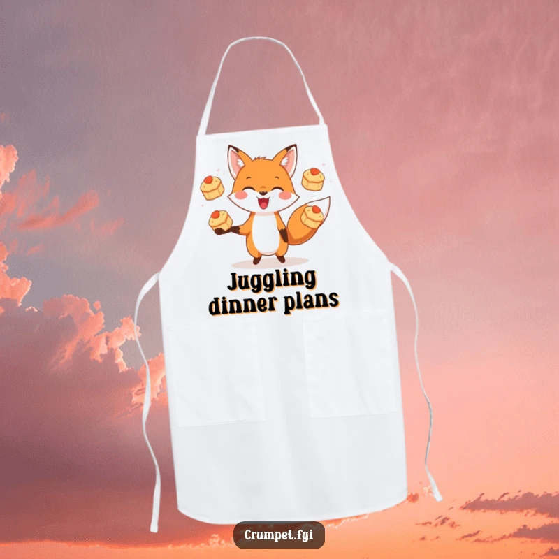 Funny apron showing a fox with a happy expression juggling three small scones, ready for kitchen tasks.