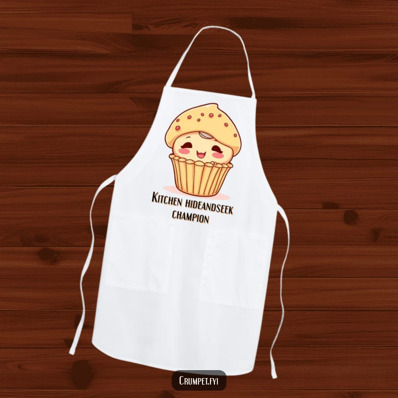 Funny playful muffin character peeking out from behind another pastry on an apron, a sweet kitchen essential.
