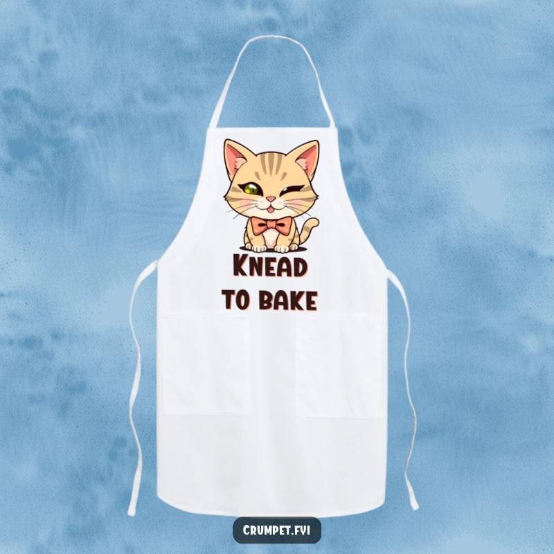 Funny mischievous cat wearing a bowtie, winking while cooking, on a chef's apron, a practical funny present.