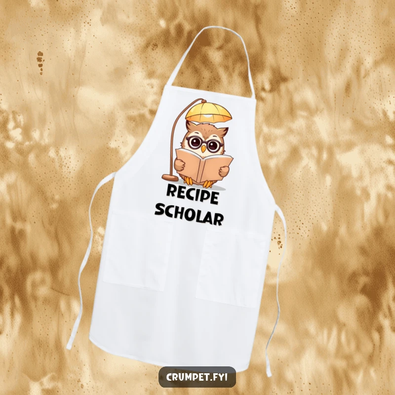 Funny Apron featuring a smiling owl in spectacles reading a book under a lamp, designed for kitchen fun and protecting clothes with scholarly charm.