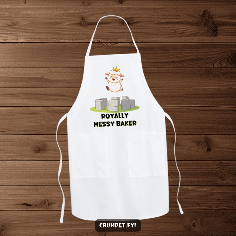 Funny Apron: A fluffy sheep wearing a crown makes a grand leap over a mini Stonehenge structure.