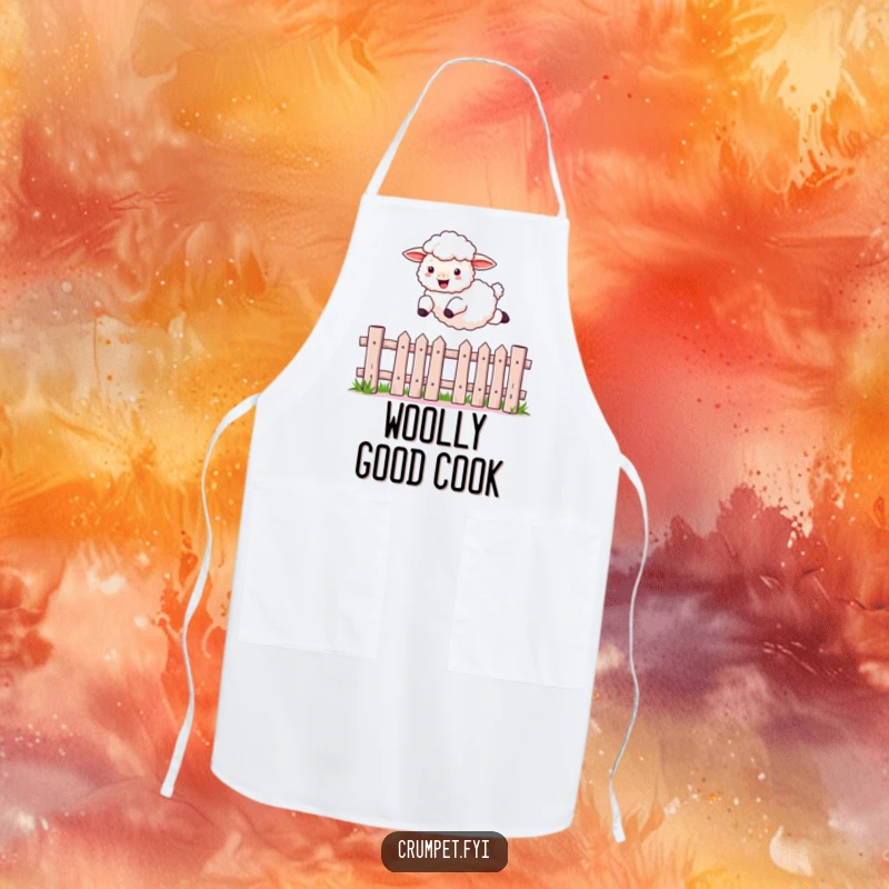 Funny sheep apron with a fluffy sheep leaping over a picket fence, ideal for kitchen fun and protecting clothes with humor.