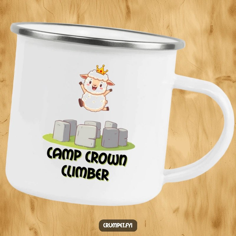 Funny Camping Mug: A fluffy sheep wearing a tiny crown attempts a grand leap over a mini Stonehenge.