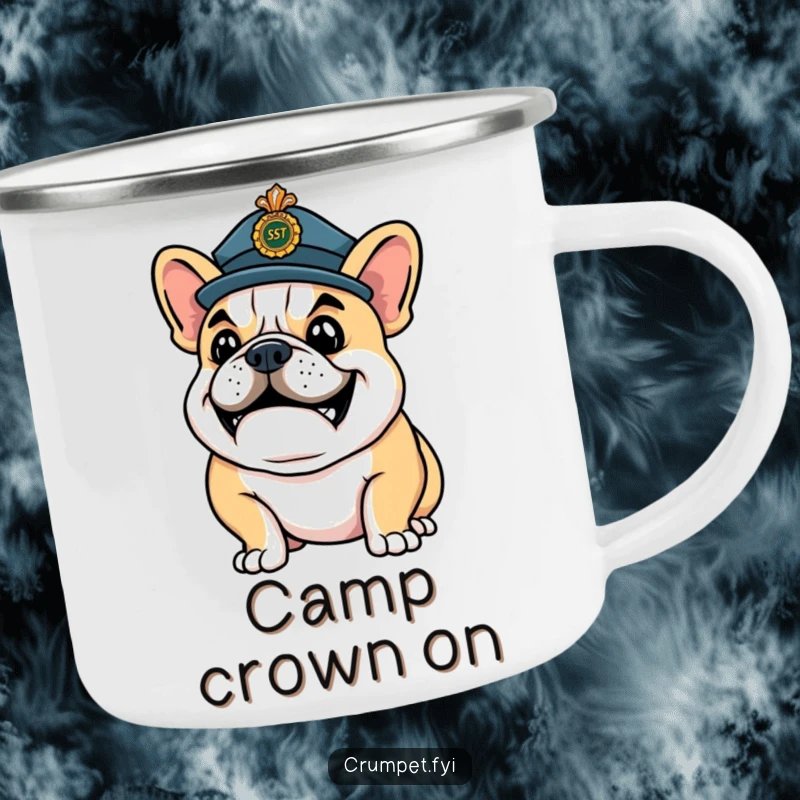 Funny Camping Mug: A happy bulldog in a ceremonial hat strikes a confident pose, ready for outdoor dignity.