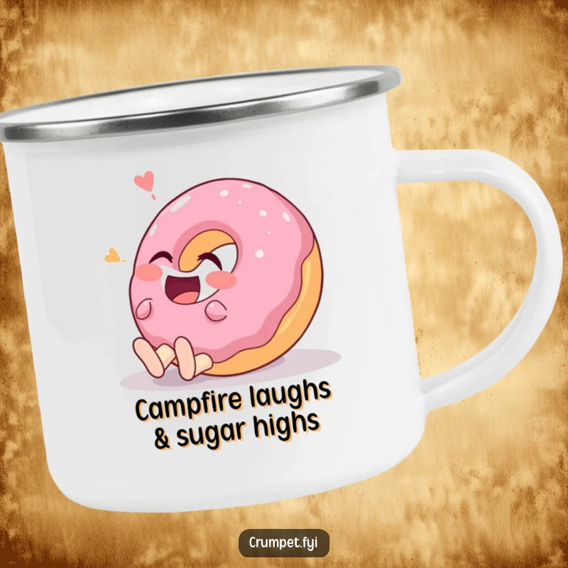 Funny donut character rolling on the ground laughing hysterically on a durable camping mug, for outdoor amusement.