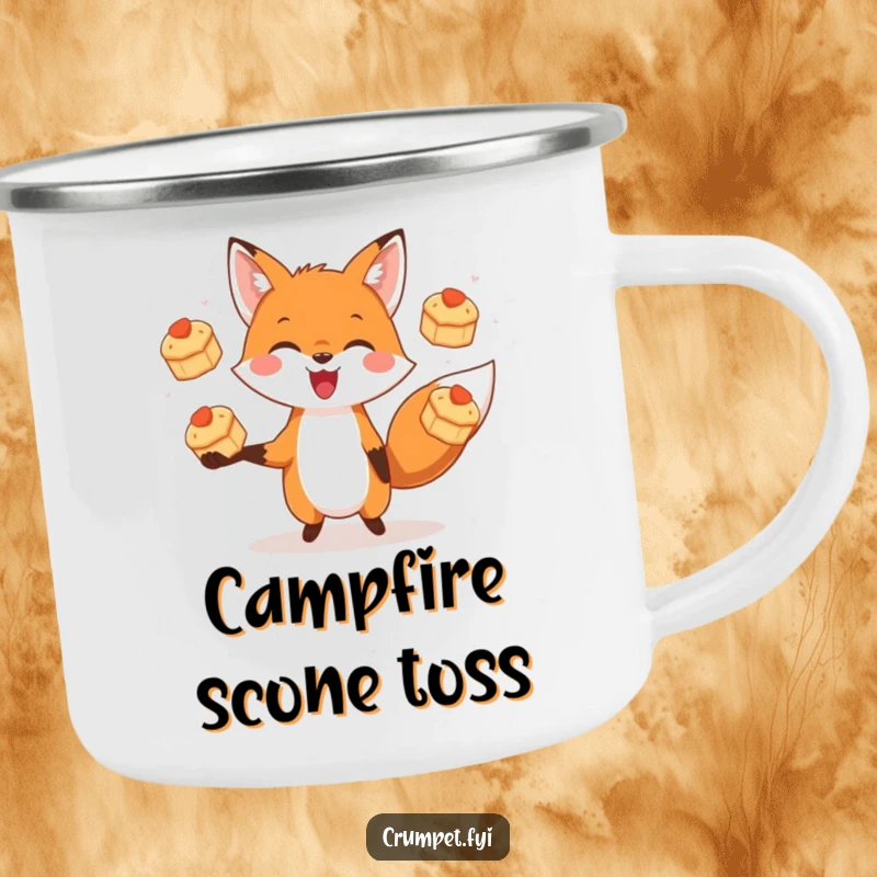 Funny camping mug showing a happy fox juggling three miniature scones, ready for outdoor enjoyment.