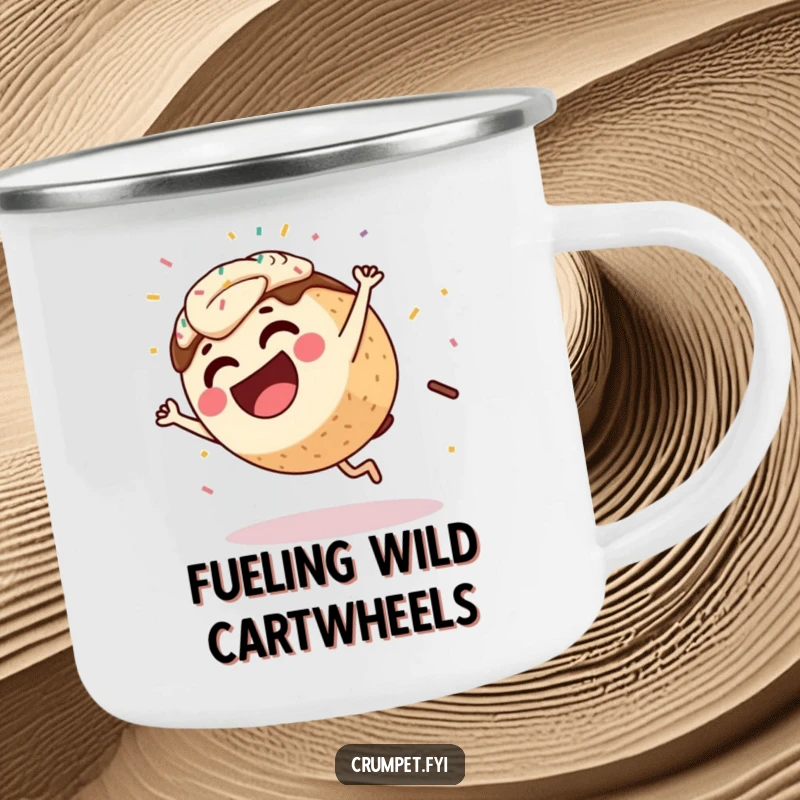 Funny Coffee Cake Camping Mug showing a happy character cartwheeling with sprinkles, bringing laughter to outdoor adventures.