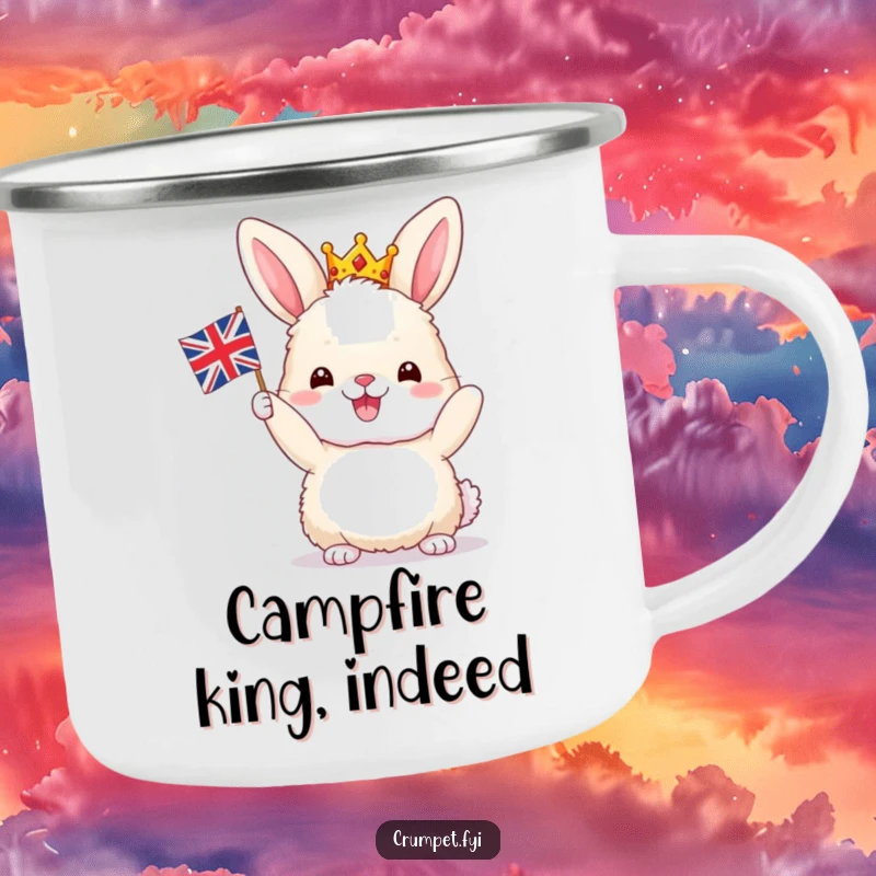 Funny Bunny Camping Mug: A fluffy bunny in a crown joyfully waves a tiny Union Jack, perfect for outdoor adventures with a smile.