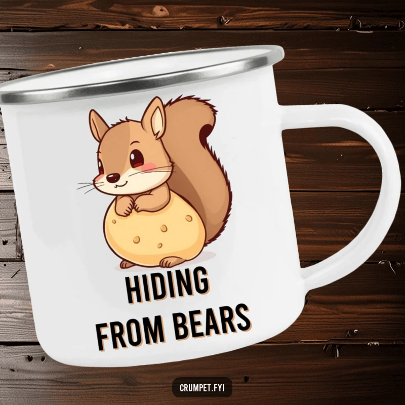 Funny camping mug with a mischievous squirrel peeking from behind a large crumpet, ready for outdoor fun.