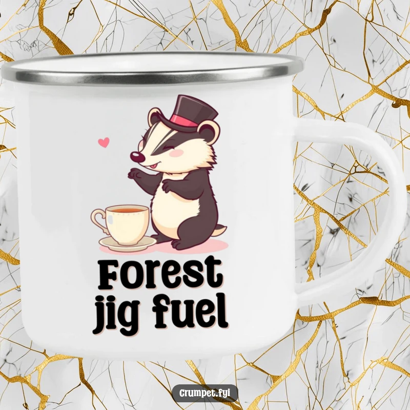 Funny Camping Mug: A cheerful badger wearing a top hat performs a jig near a teacup.
