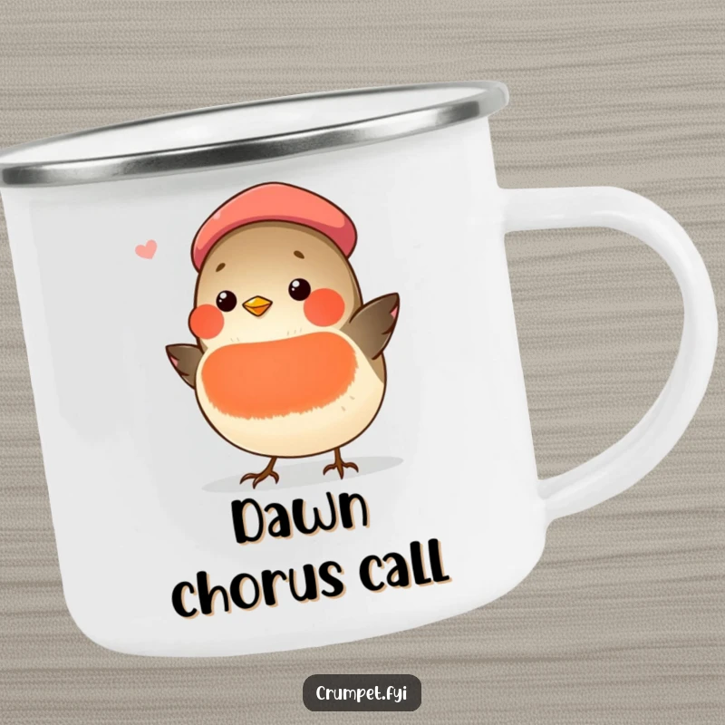 Funny chubby robin with a beret, singing outdoors, on a durable camping mug, a humorous gift.