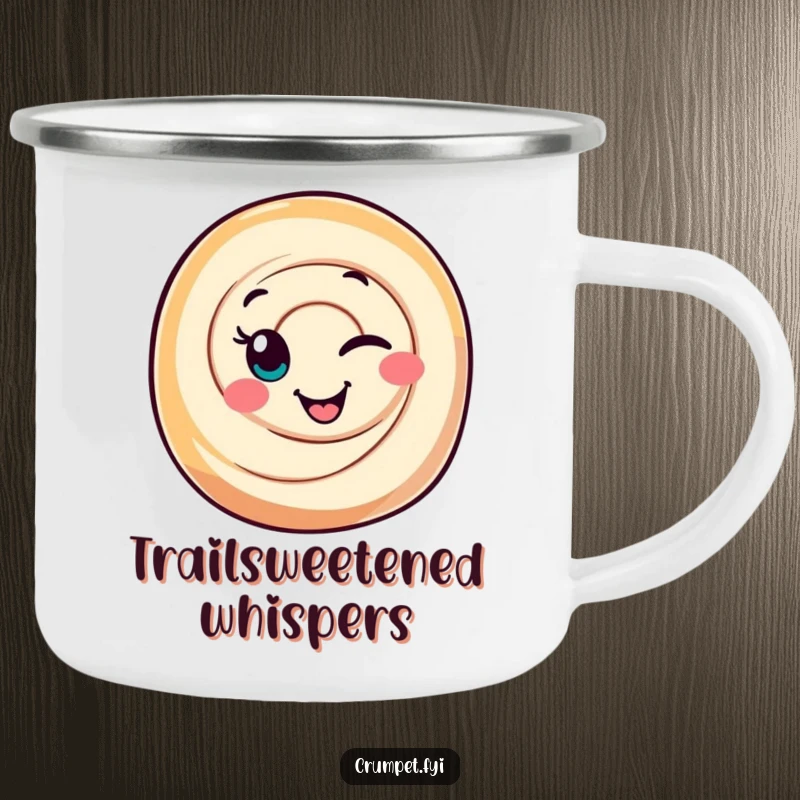 Funny Cinnamon Roll Camping Mug with a smiling, winking character, bringing sweet humor to outdoor coffee breaks.
