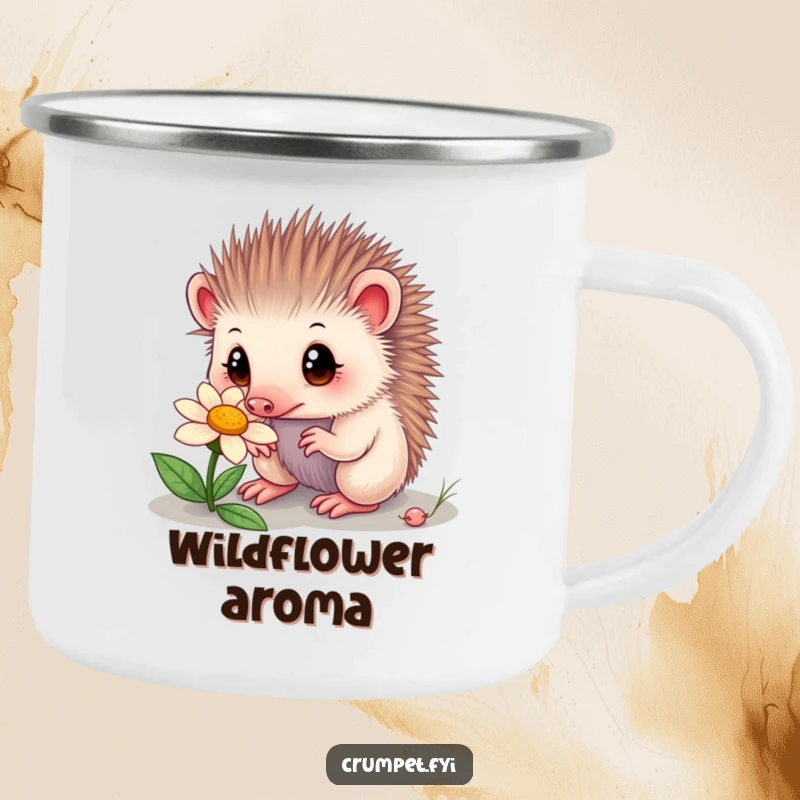 Funny echidna camping mug featuring a curious echidna with wide eyes sniffing a flower. Durable and humorous drinkware for enjoying nature.