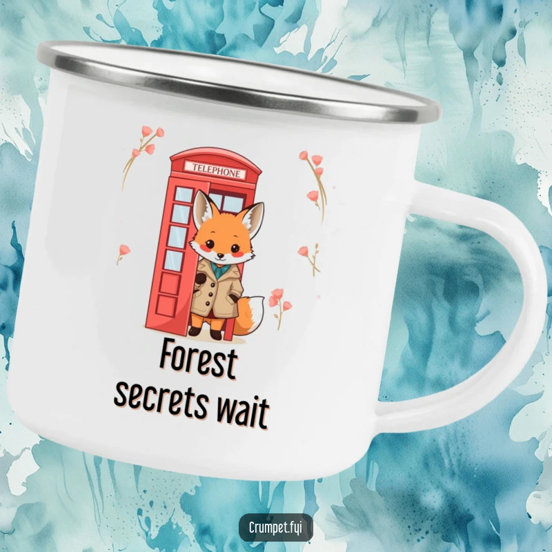 Funny Fox Camping Mug: A cute fox in a tweed jacket peeks from behind a red telephone box, perfect for outdoor adventures with playful flair.