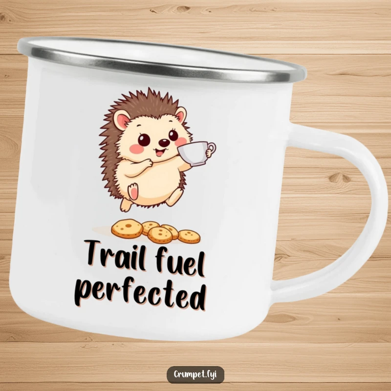 Funny Hedgehog Camping Mug: A cheerful hedgehog leaps with a teacup over biscuits, ideal for outdoor adventures and humorous tea breaks.