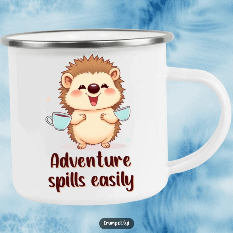 Funny Camping Mug: A proud, giggling hedgehog juggles tiny teacups, ready for campfire stories and hearty laughs outdoors.