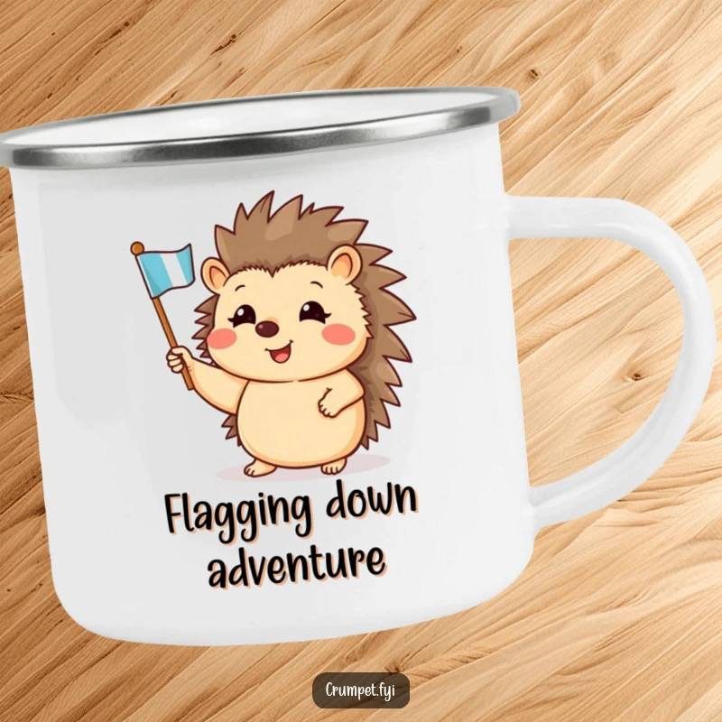 Funny camping mug with a cheerful hedgehog waving a miniature flag, ready for outdoor fun.