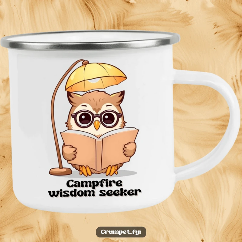 Funny Camping Mug with a smiling owl wearing spectacles and reading a book under a lamp, ideal for outdoor adventures and hot beverages.