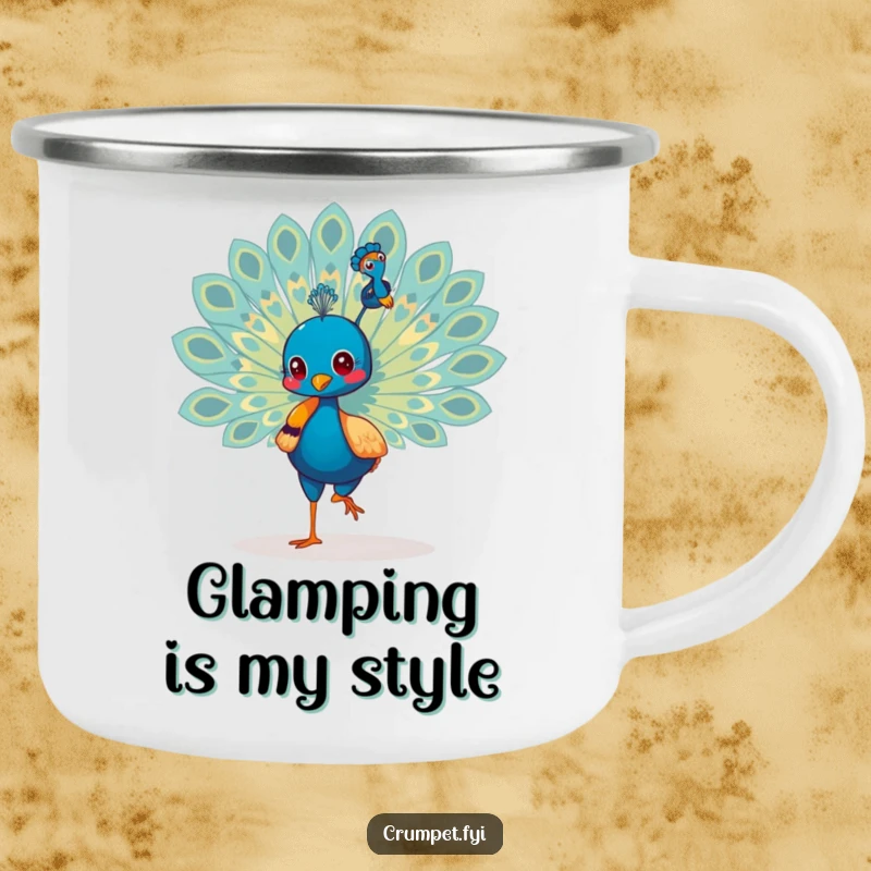Funny Peacock Camping Mug: A strutting peacock proudly shows off its tail feathers, perfect for outdoor fun, a vibrant funny gift.