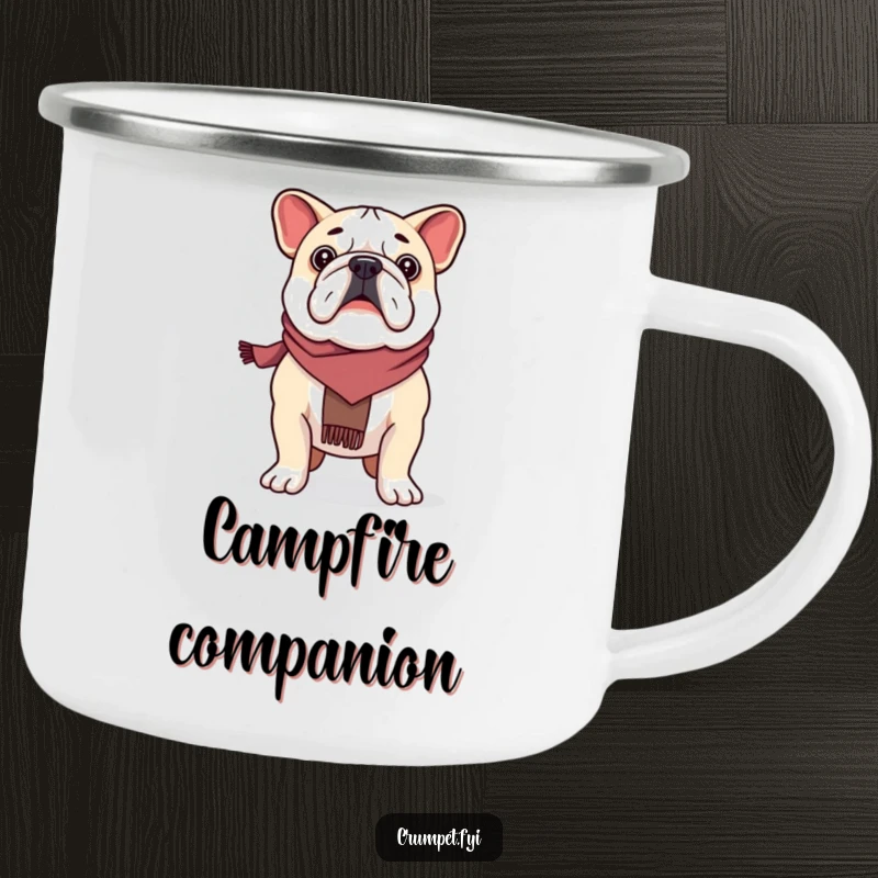 Funny proud bulldog wearing a scarf, standing tall in nature, on a durable camping mug, a humorous gift.
