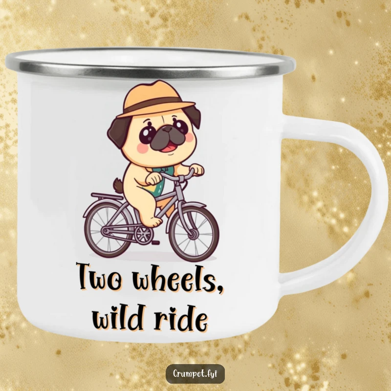 Funny camping mug with a happy pug wearing a bowler hat, riding a miniature bicycle, ideal for outdoor drinks with a touch of quirky humor.