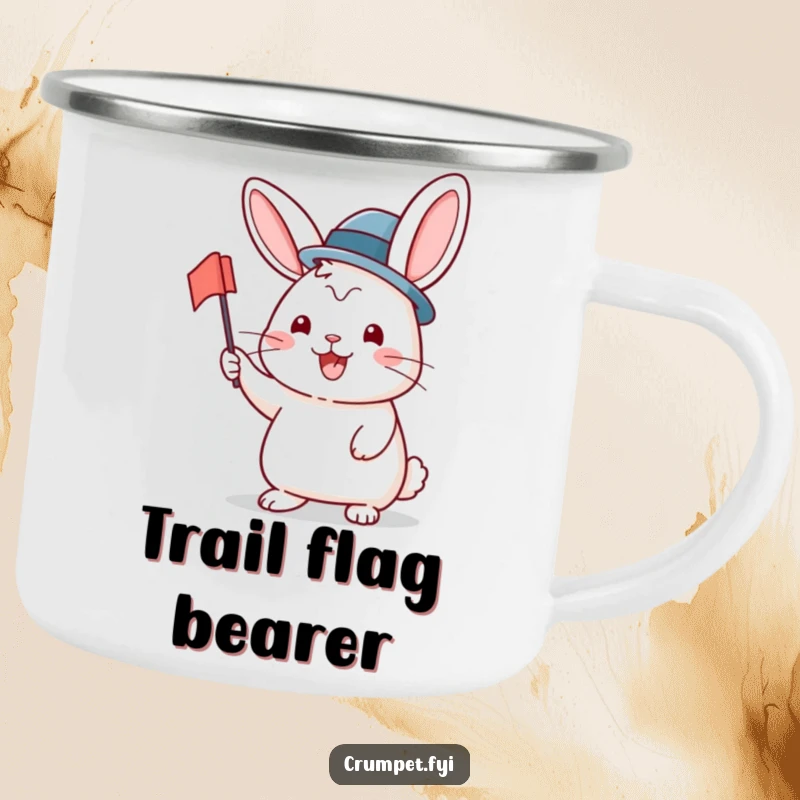 Funny Camping Mug with a beaming rabbit in a bowler hat waving a flag, ideal for outdoor adventures and hot beverages.